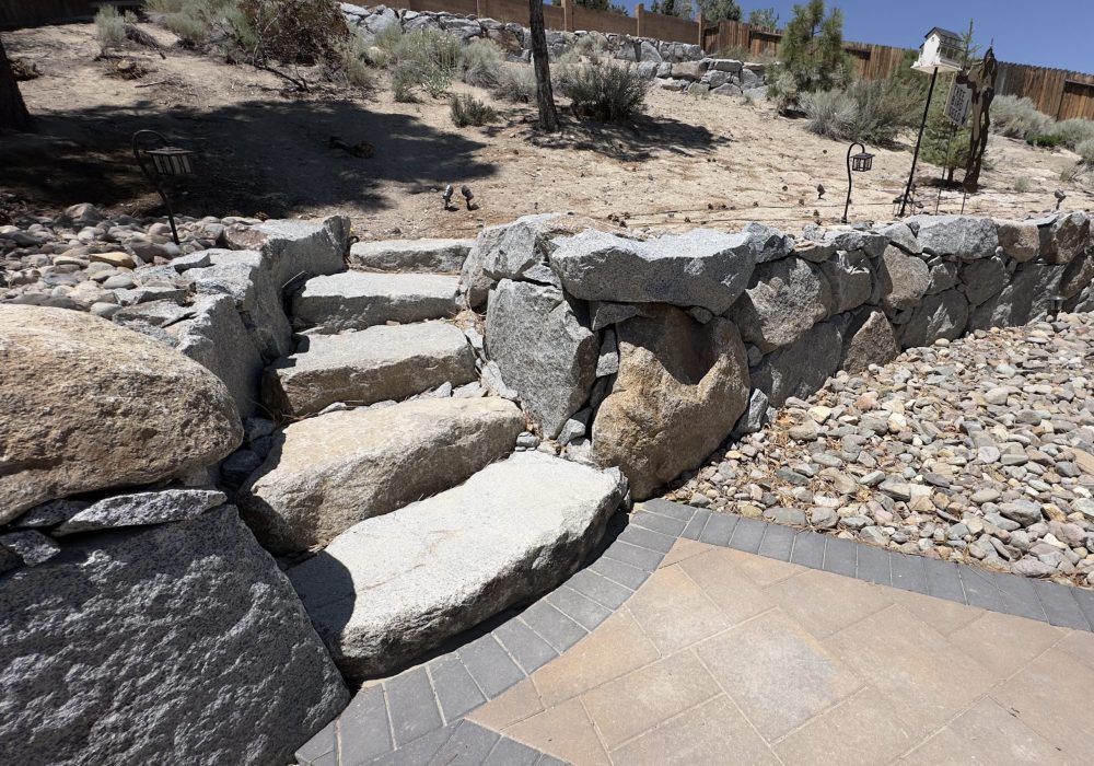 Boulder retainer wall and ledgestone steps,gail willey landscpaing, residential